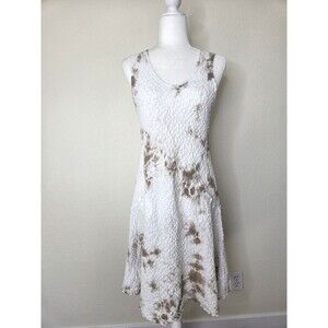 Luna Luz Lagenlook Dress White Brown Tie Dye Crinkle Textured Sleeveless Pocket